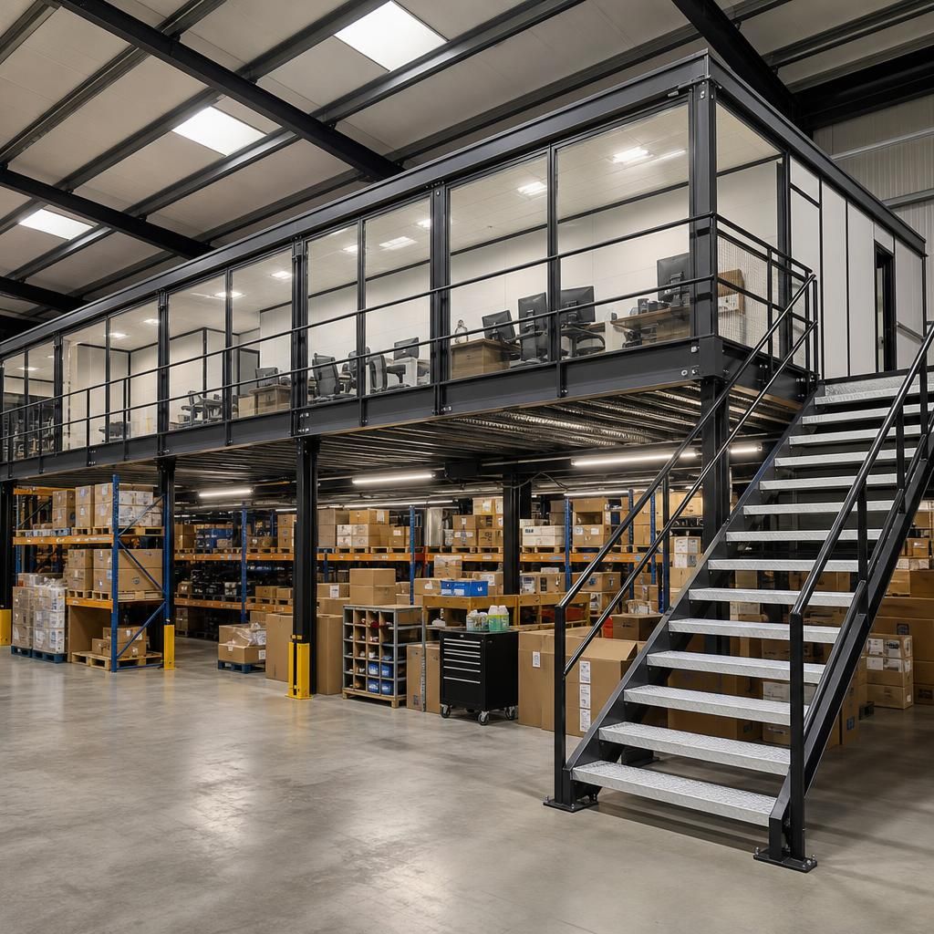 Lighting fixtures on a mezzanine platform