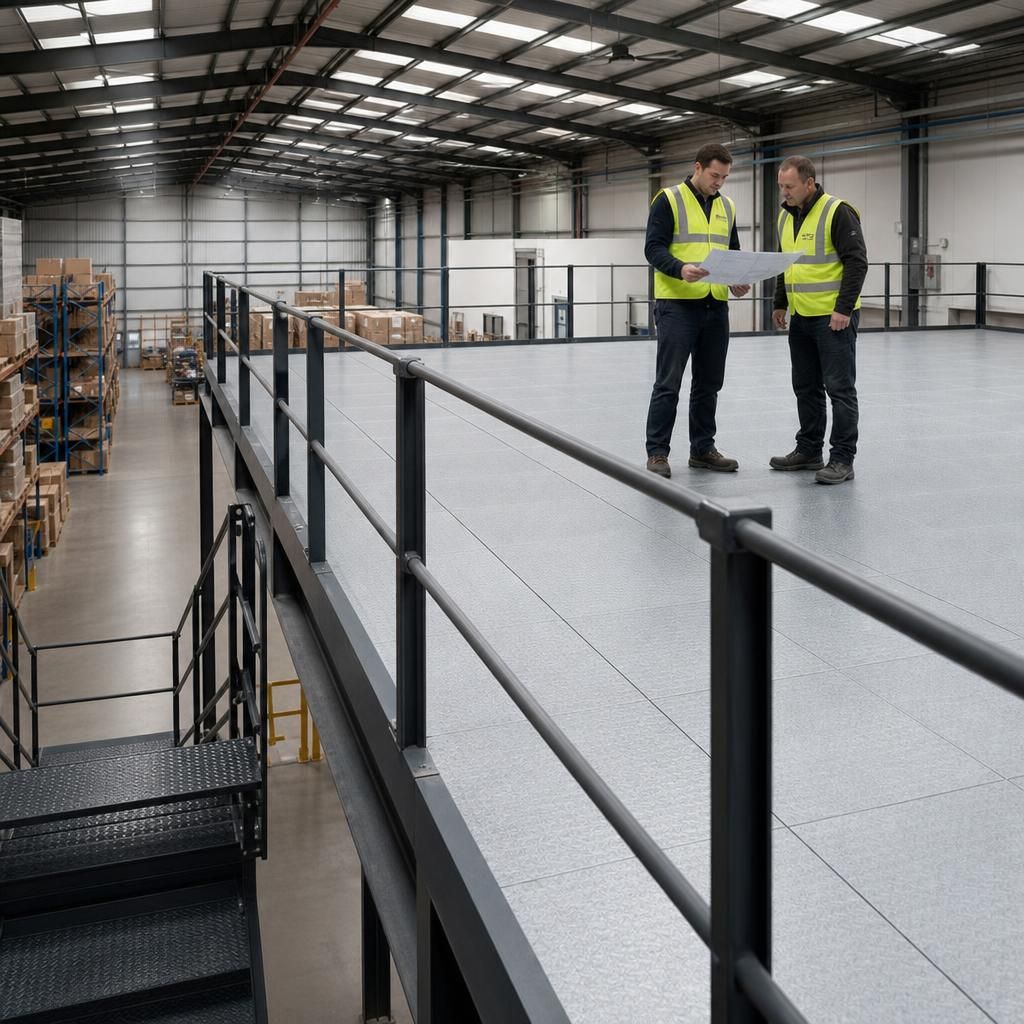 Warehouse workers discussing mezzanine platform design