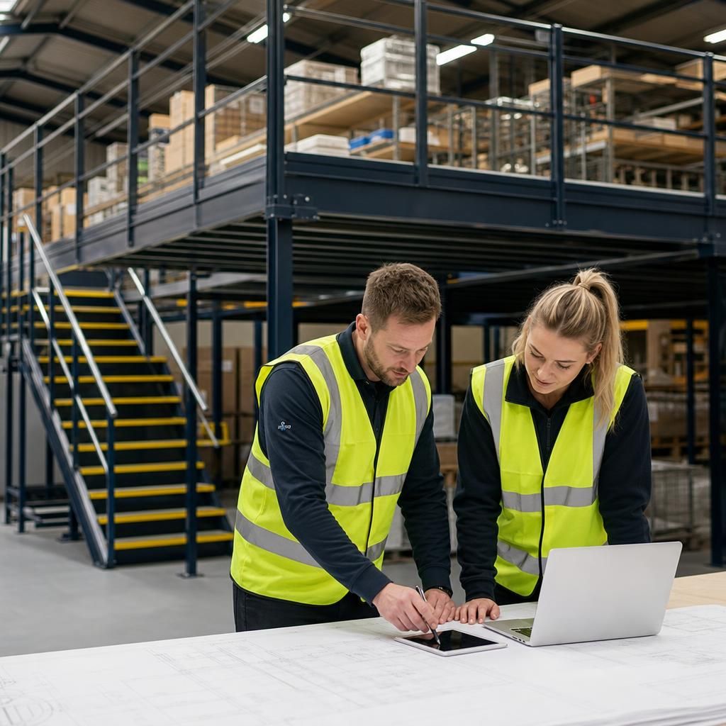 Safety barriers installed around a mezzanine