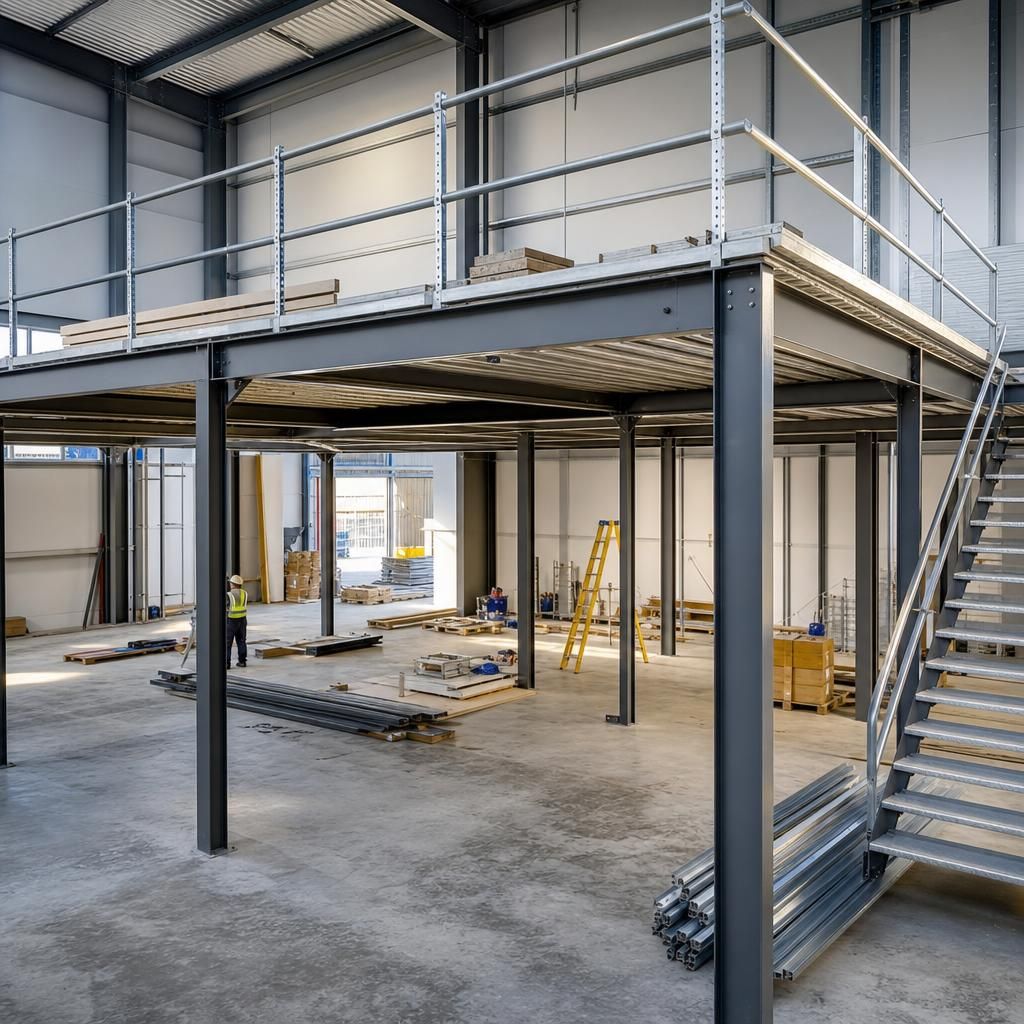 Mezzanine floor being constructed in an industrial setting