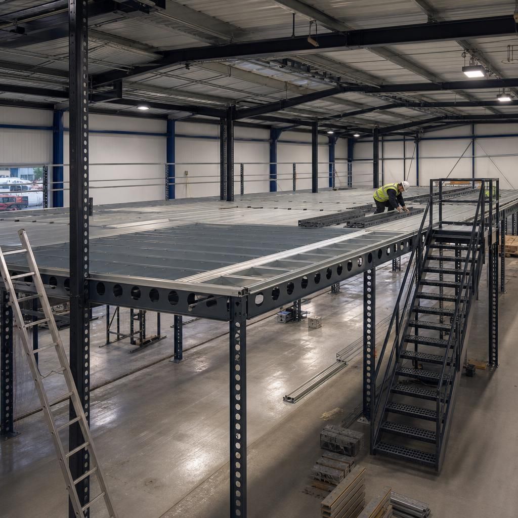 Warehouse with an integrated mezzanine floor