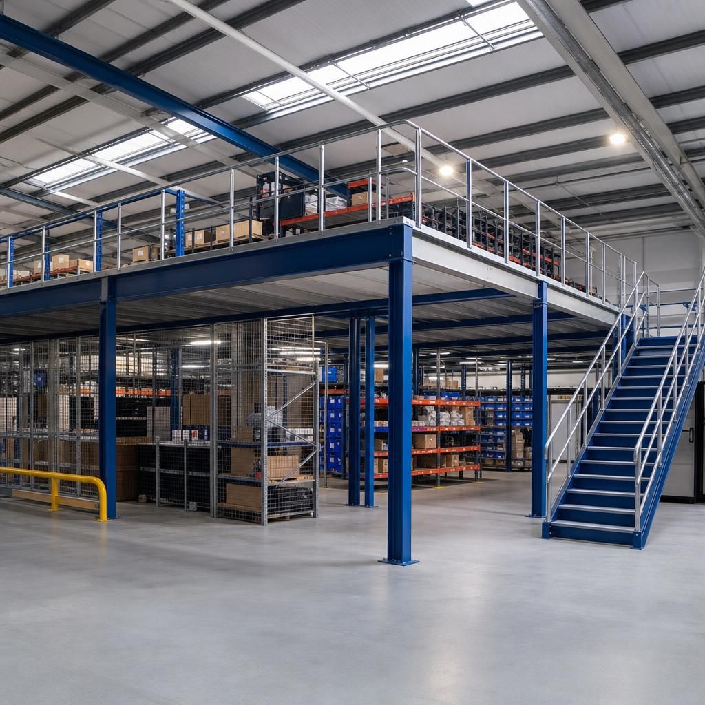 Installation process of a mezzanine floor in progress