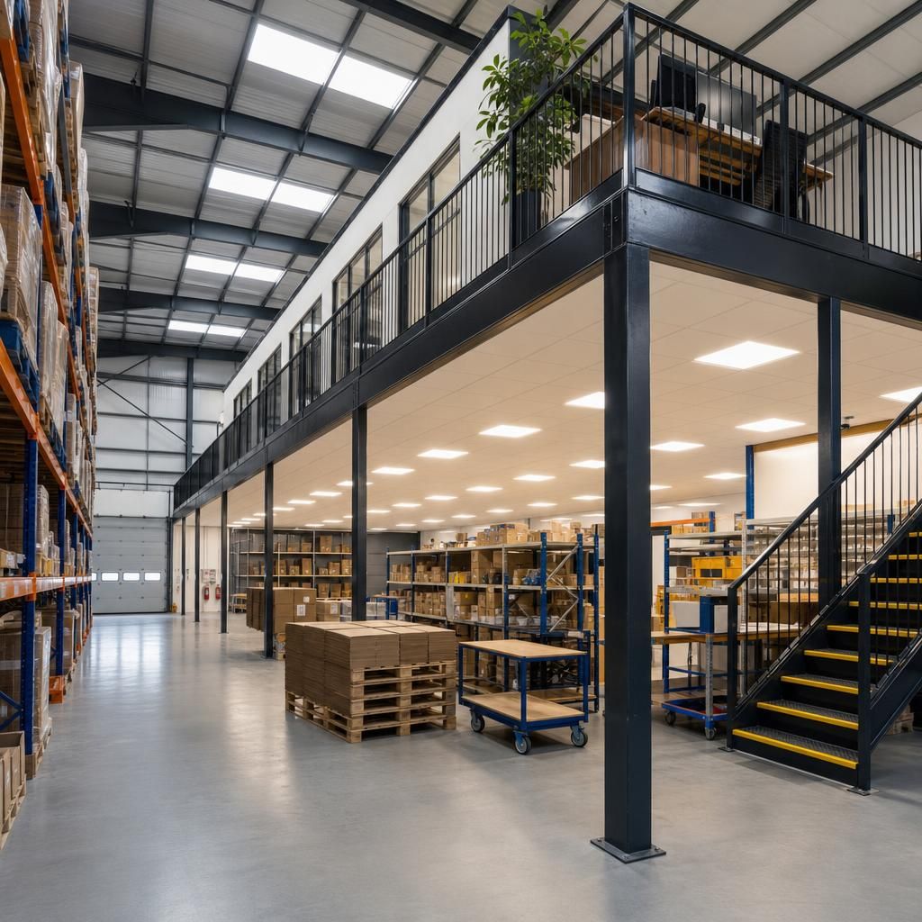 Comparison before and after mezzanine floor installation showing increased workspace