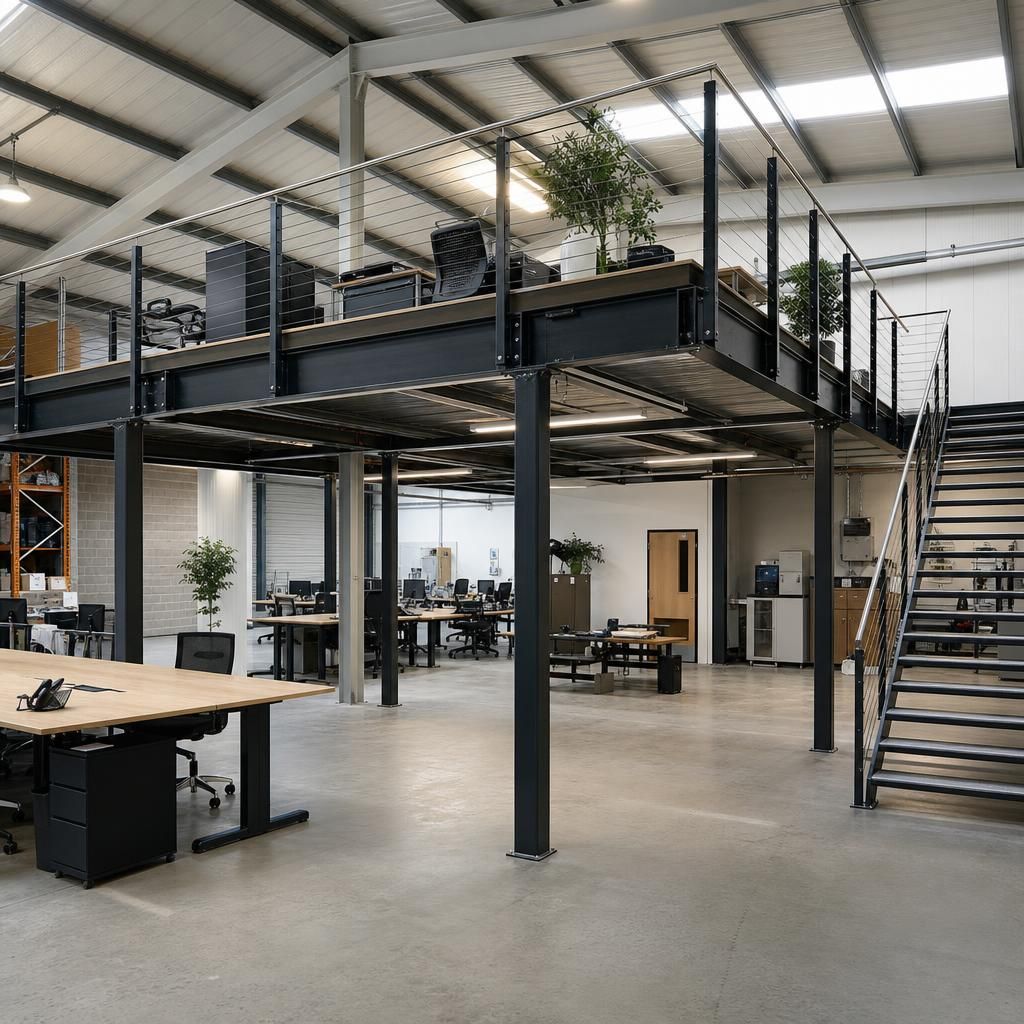 Steel columns supporting a mezzanine floor