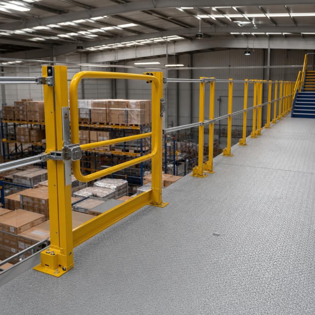Mezzanine with safety gates and guardrails