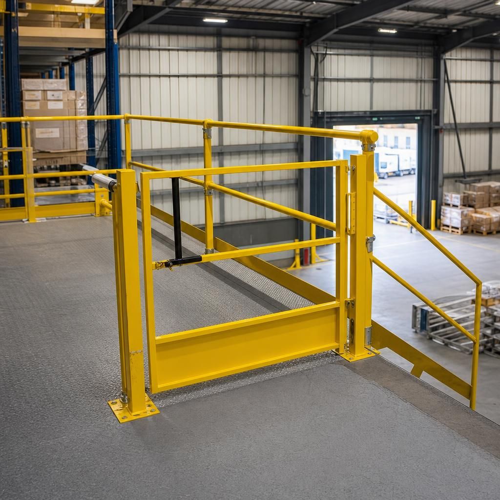 Mezzanine with fully installed edge protection system