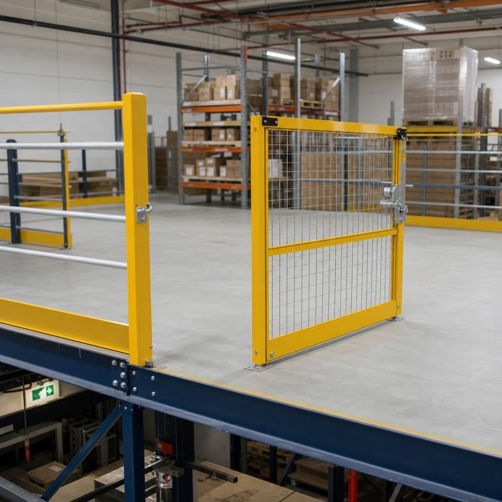 Mezzanine with integrated pallet gates for secure material handling