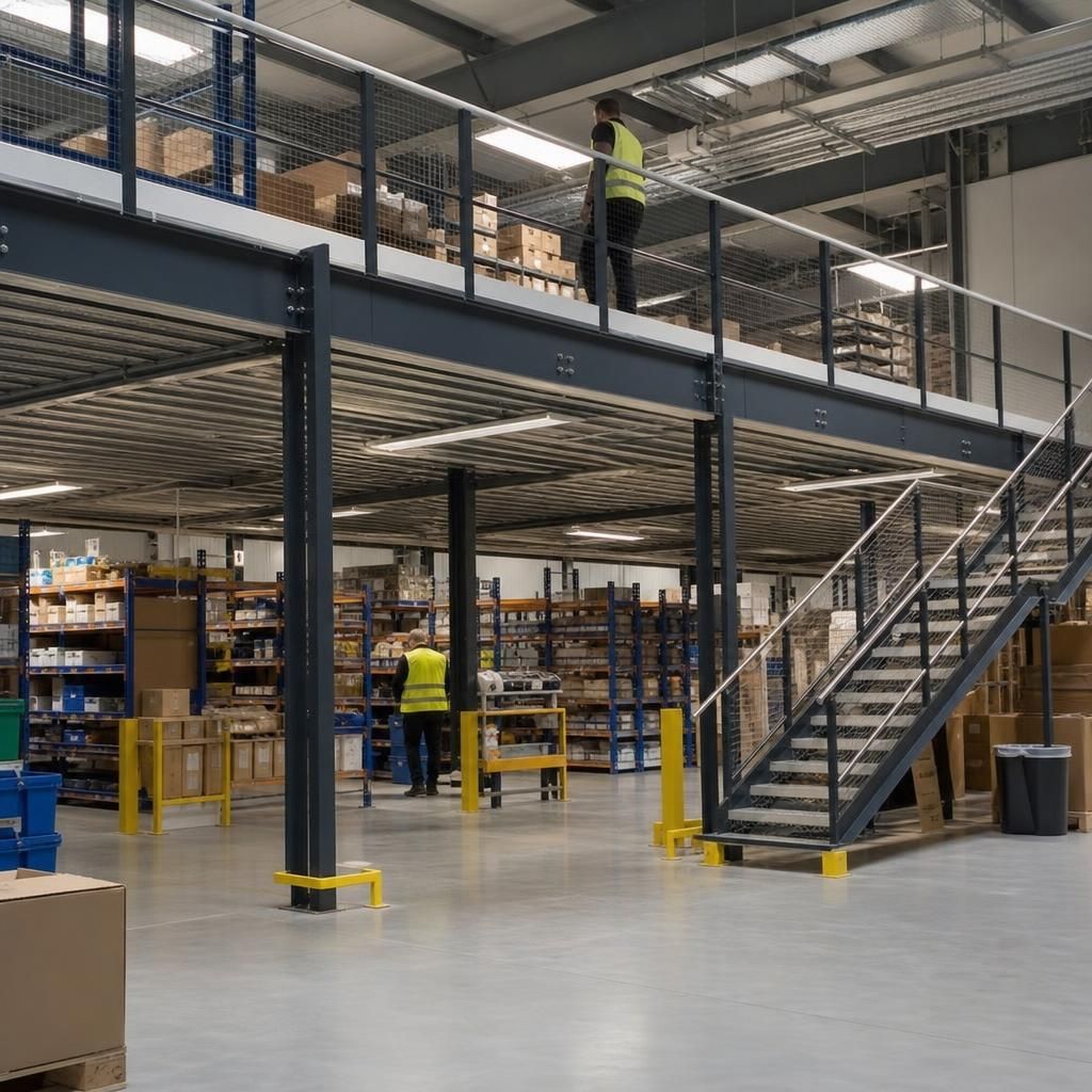 Heavy-duty mezzanine floor in use