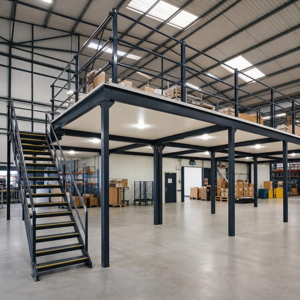 A freestanding mezzanine structure inside an industrial warehouse