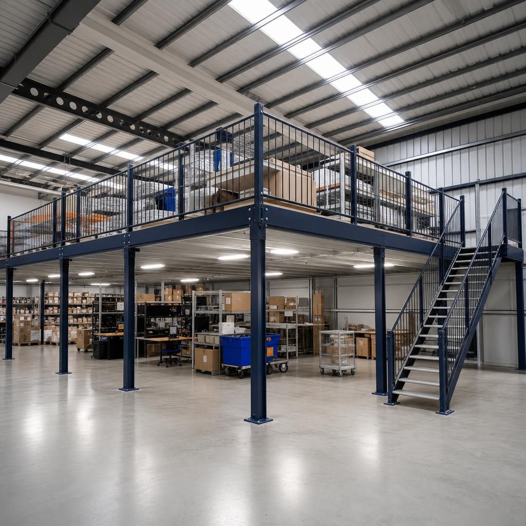 Stacks of boxes efficiently stored on a mezzanine platform