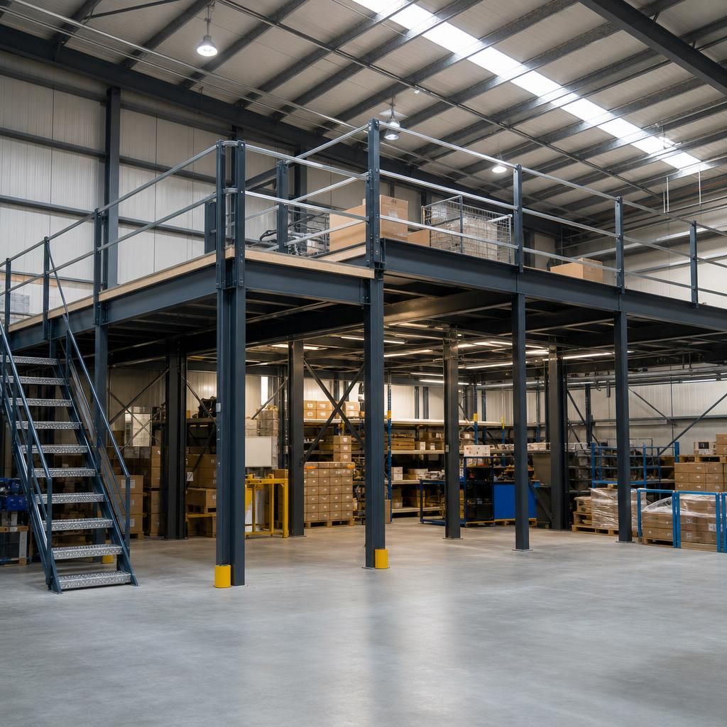 A custom-designed mezzanine platform fitting unique warehouse requirements