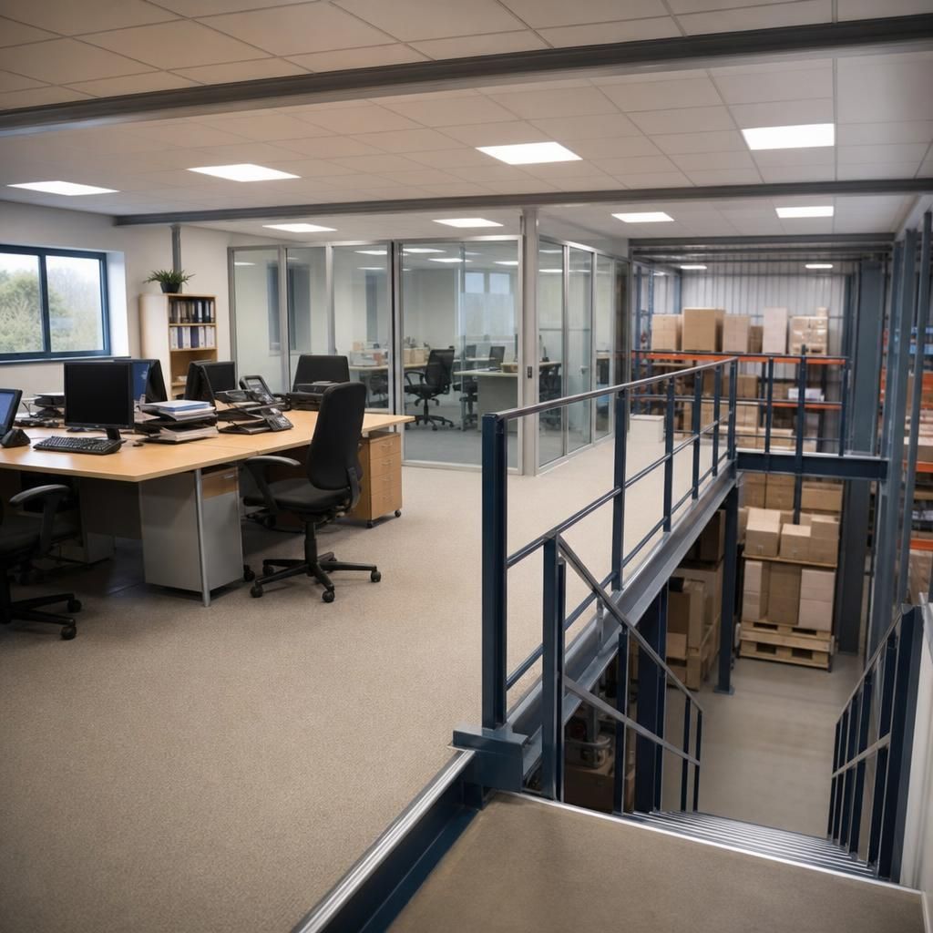 Modern mezzanine office space with desks and chairs