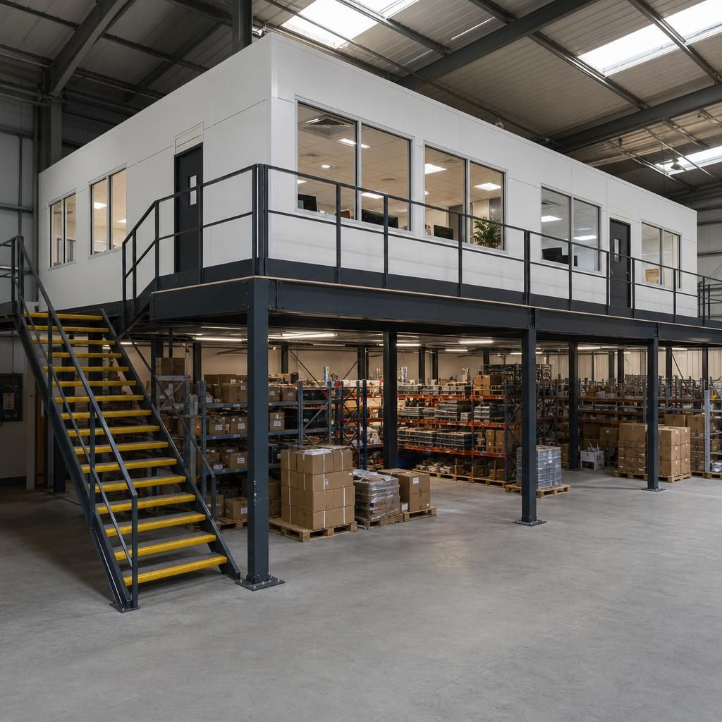 Warehouse storage on a mezzanine floor
