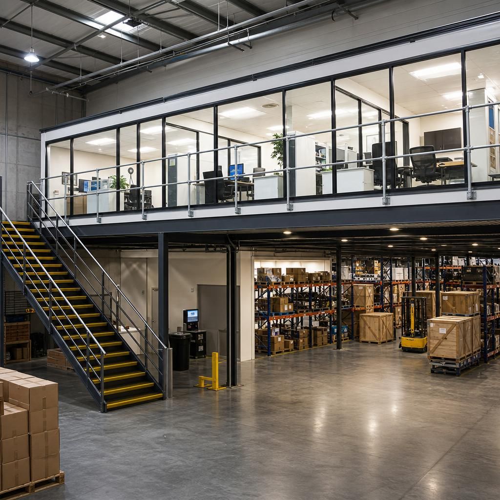 Pallets stored efficiently on a mezzanine