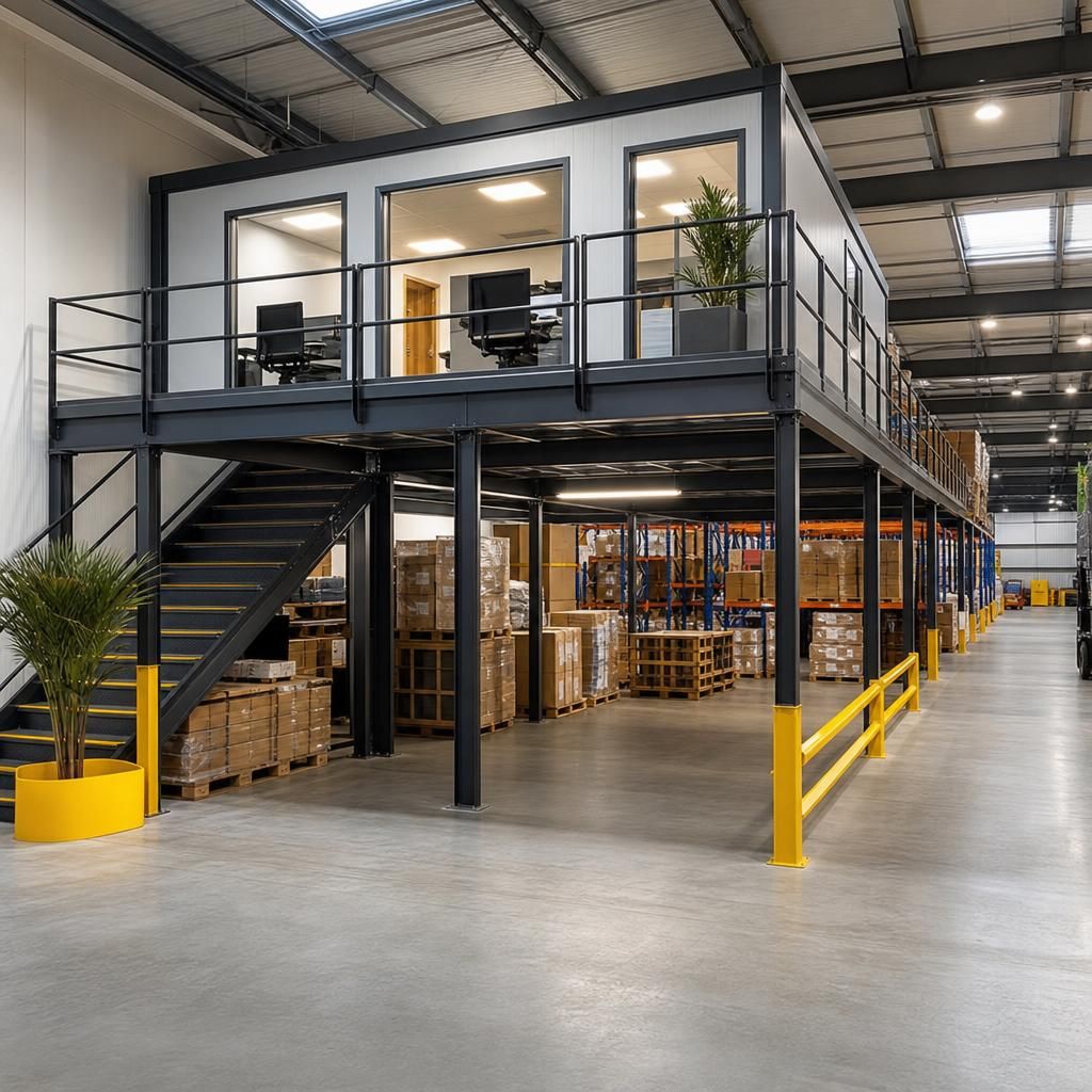 Fire-safe mezzanine with clear safety signage