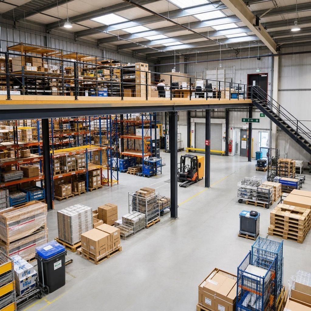 Organised warehouse floor with mezzanine