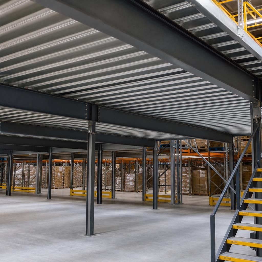 Technicians installing mezzanine floor beams