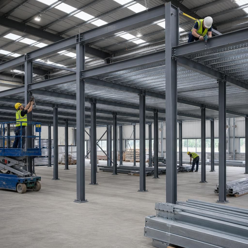 Installation of mezzanine frame in warehouse