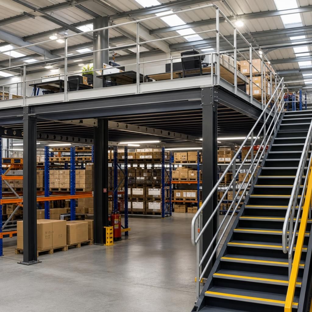 Steel mezzanine in a warehouse