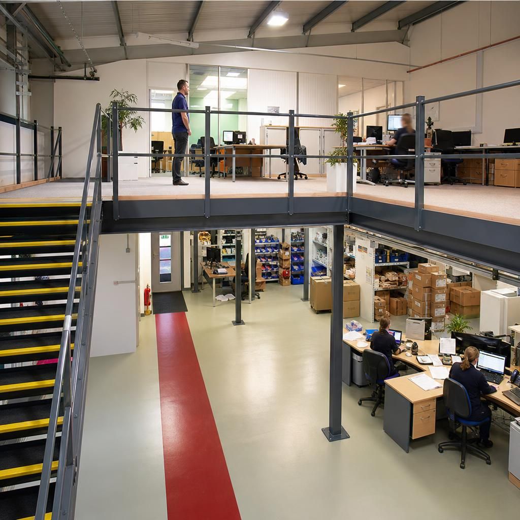 Visual transformation of a storage area with a mezzanine floor