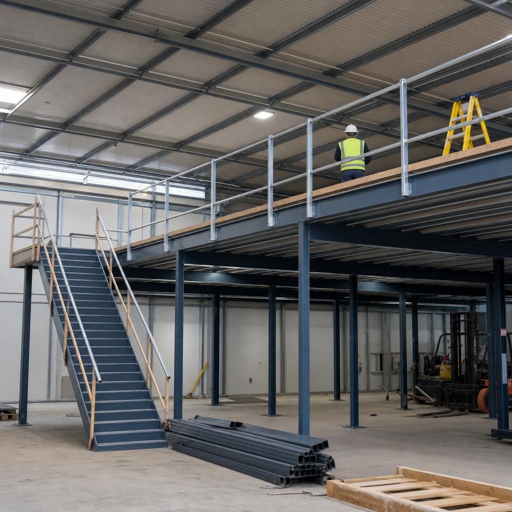 Warehouse storage area on a mezzanine level