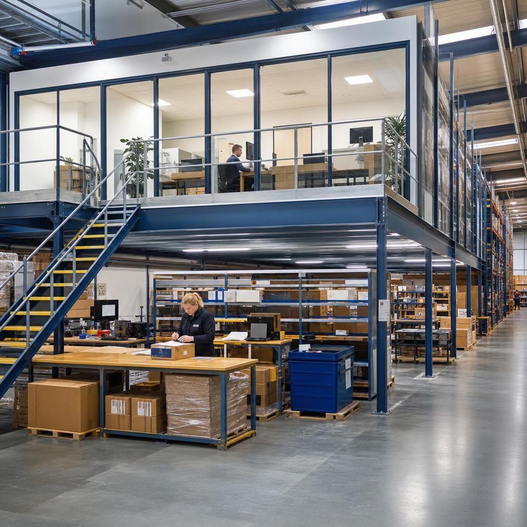 Shelving-supported mezzanine in a warehouse
