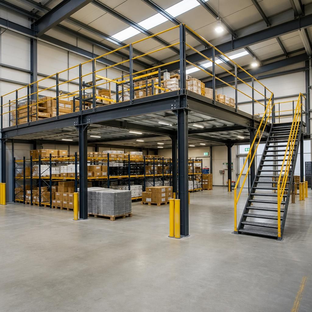 A freestanding mezzanine structure in a warehouse