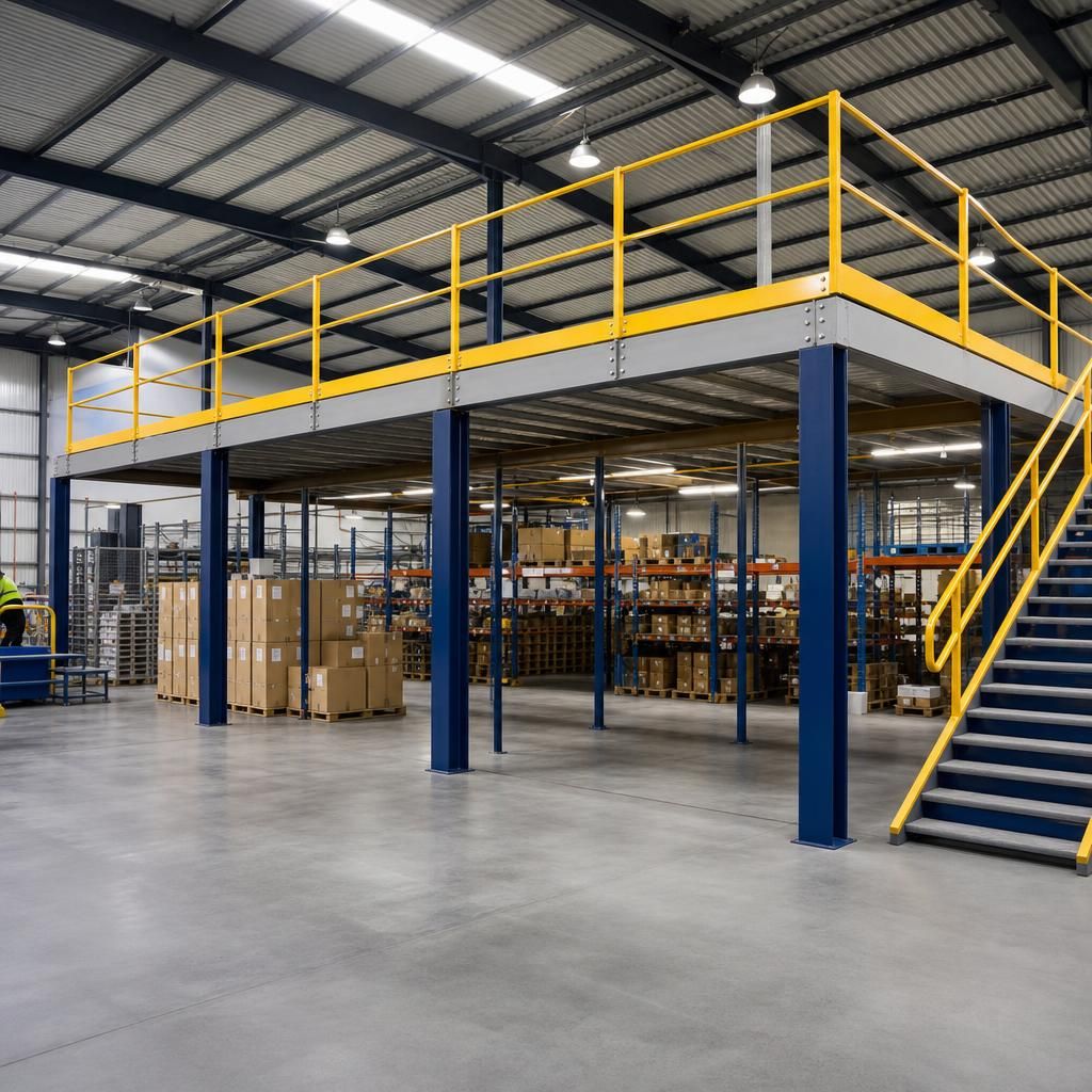Warehouse mezzanine with access stairs and safety railings
