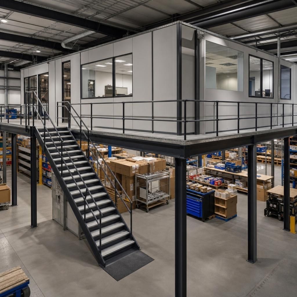 Mezzanine floor with storage racks