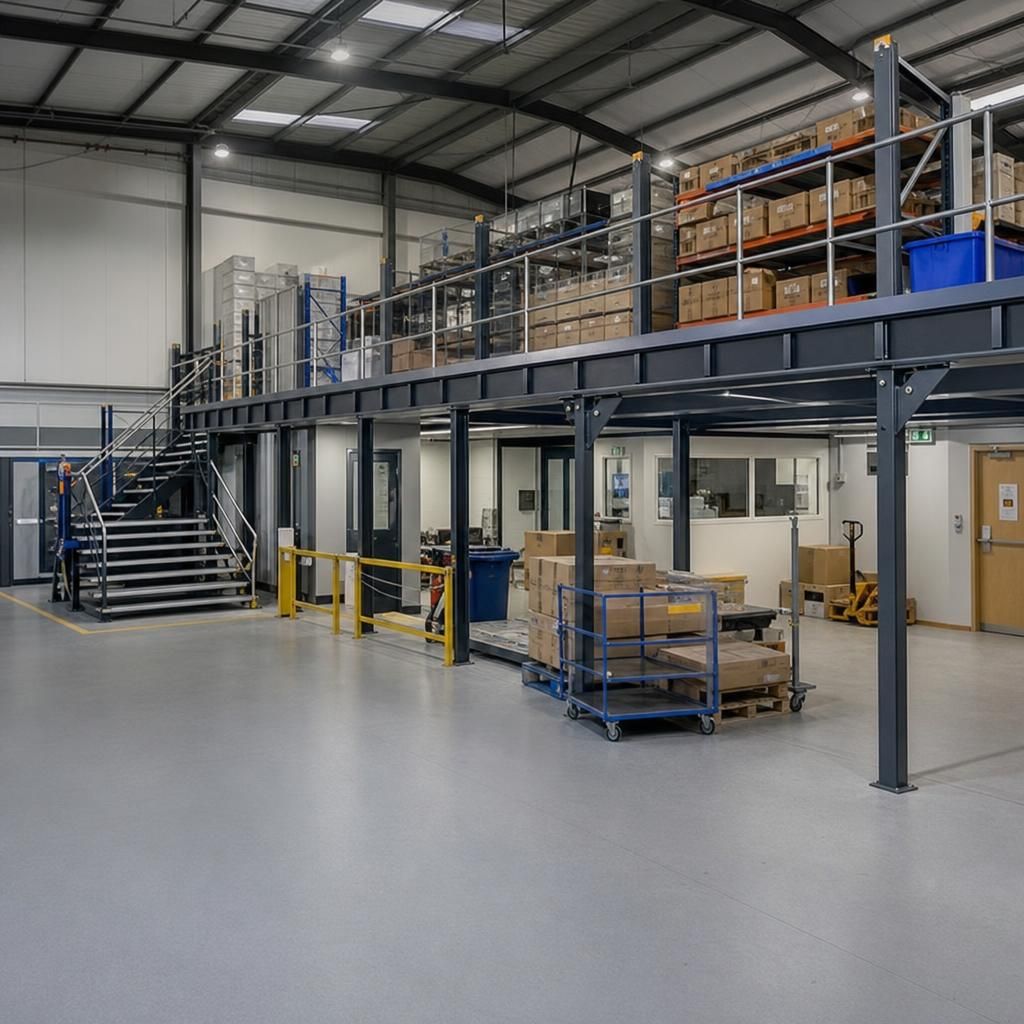 Modular mezzanine being installed in a warehouse