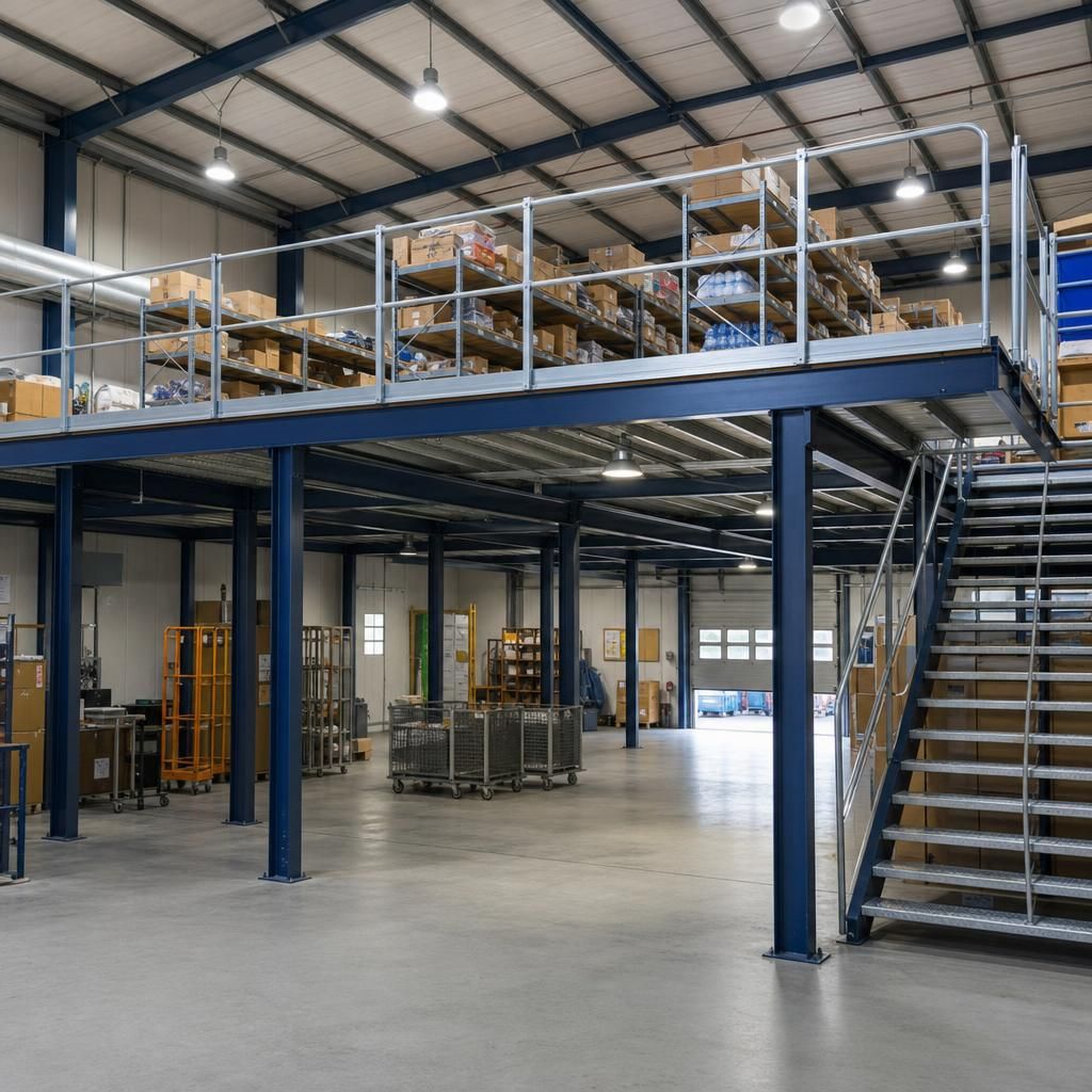 Warehouse space before and after mezzanine installation