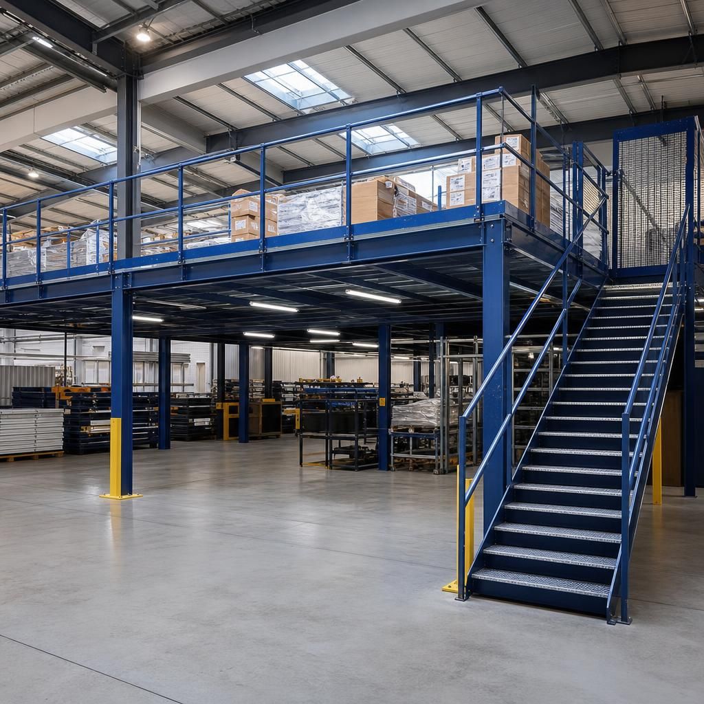 Overview of a Steel Mezzanine Structure in a Warehouse