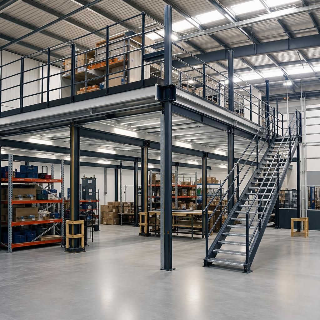 Free-standing mezzanine structure in a warehouse