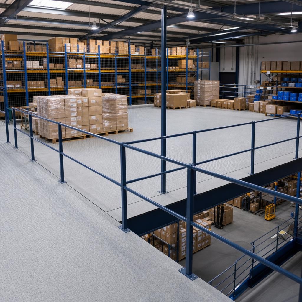 Rack-supported mezzanine with storage racks beneath