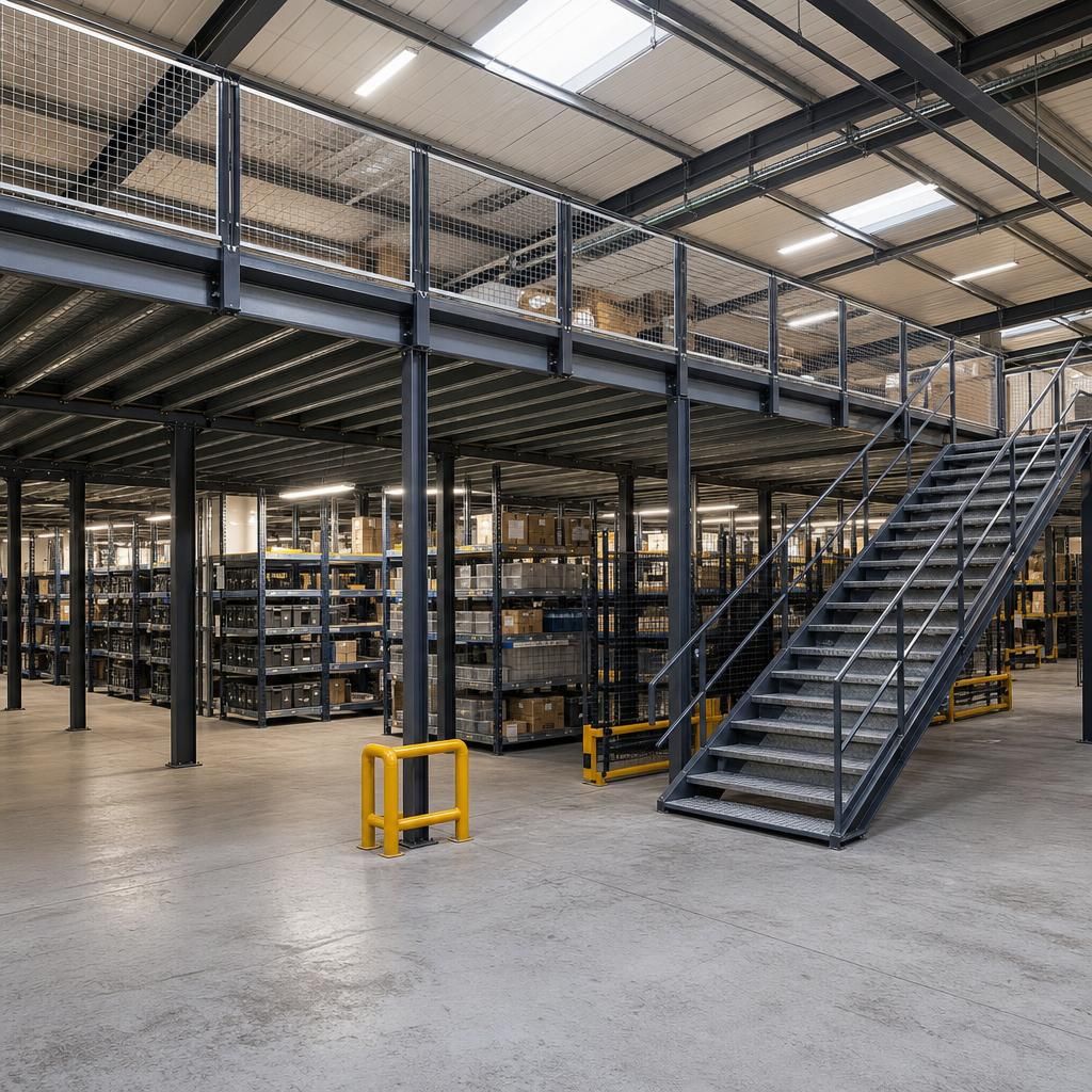 Shelving-supported mezzanine filled with various items