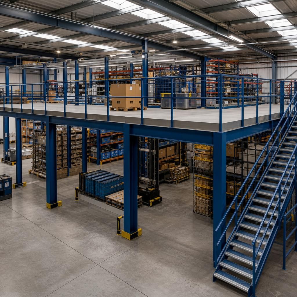 Steel mezzanine under construction showcasing modular components