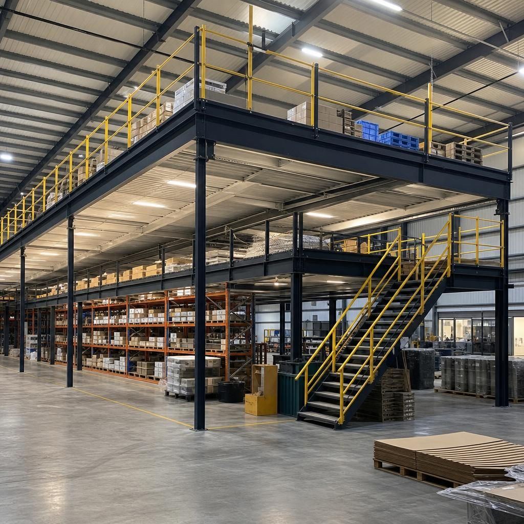 Mezzanine staircase providing access to upper level
