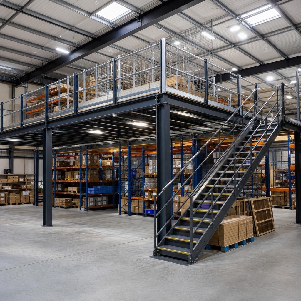Overview of a busy warehouse with mezzanine storage