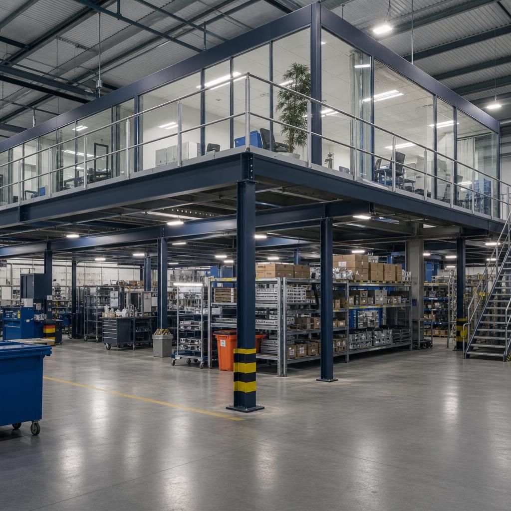 Industrial mezzanine floor with storage options