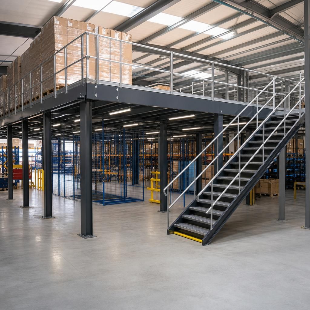 Factory floor before and after mezzanine setup