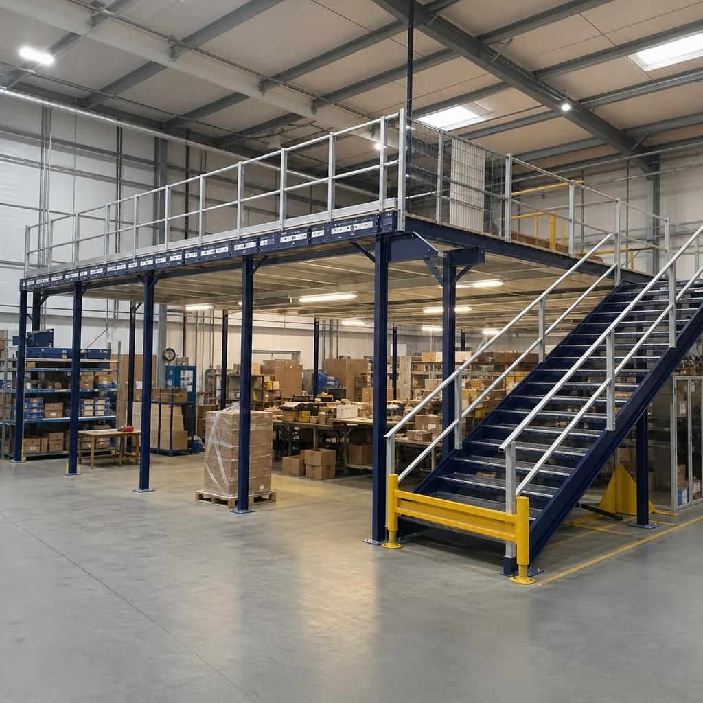 Warehouse with a portable mezzanine installed