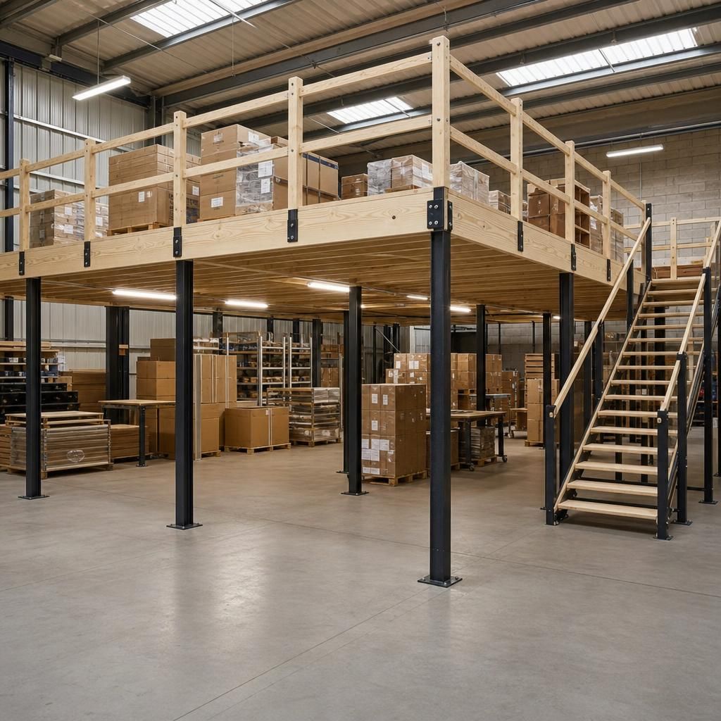 Warehouse mezzanine floor with storage