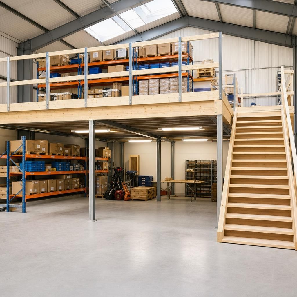 Timber mezzanine floor with workers