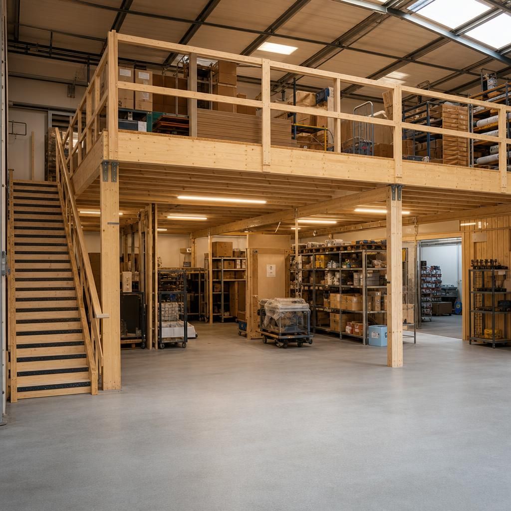 Engineered timber mezzanine used as a modern workspace