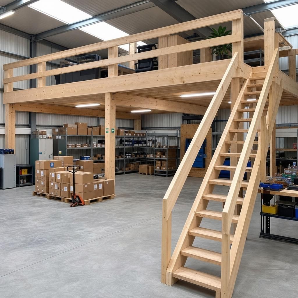 Spacious storage area created by a timber mezzanine